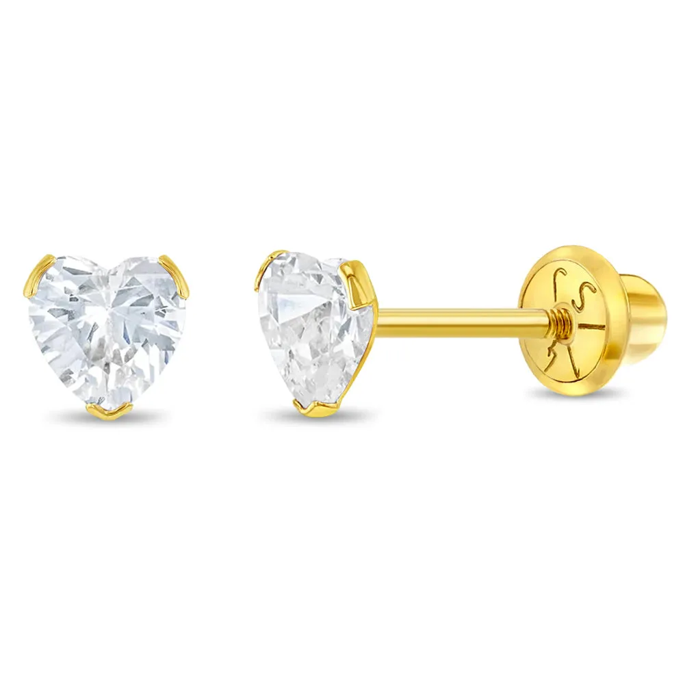 14k Gold Birthstone CZ Heart Baby / Toddler / Kids Earrings Safety Screw Back