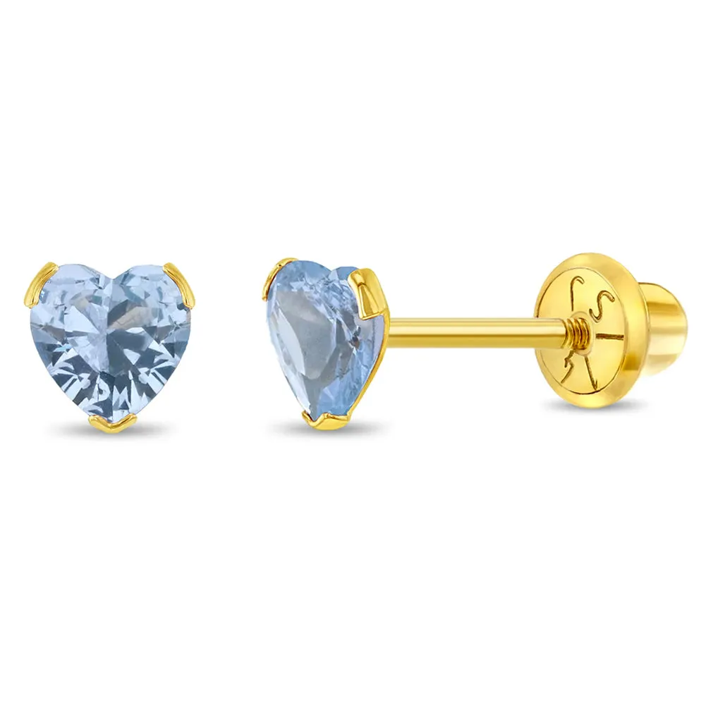 14k Gold Birthstone CZ Heart Baby / Toddler / Kids Earrings Safety Screw Back