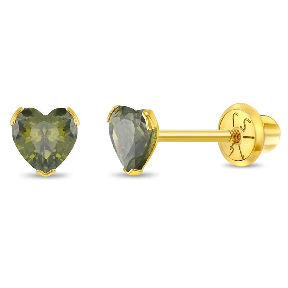 14k Gold Birthstone CZ Heart Baby / Toddler / Kids Earrings Safety Screw Back