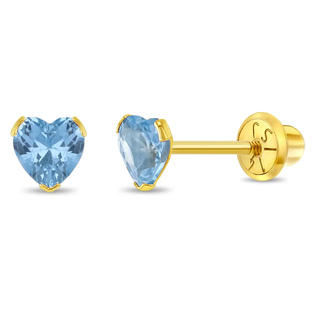 14k Gold Birthstone CZ Heart Baby / Toddler / Kids Earrings Safety Screw Back