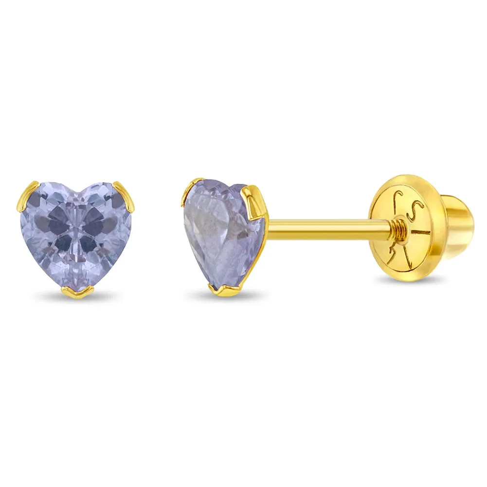 14k Gold Birthstone CZ Heart Baby / Toddler / Kids Earrings Safety Screw Back