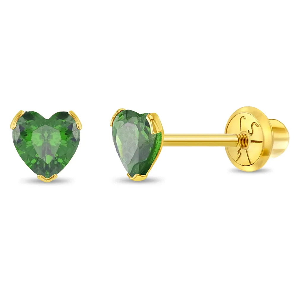 14k Gold Birthstone CZ Heart Baby / Toddler / Kids Earrings Safety Screw Back