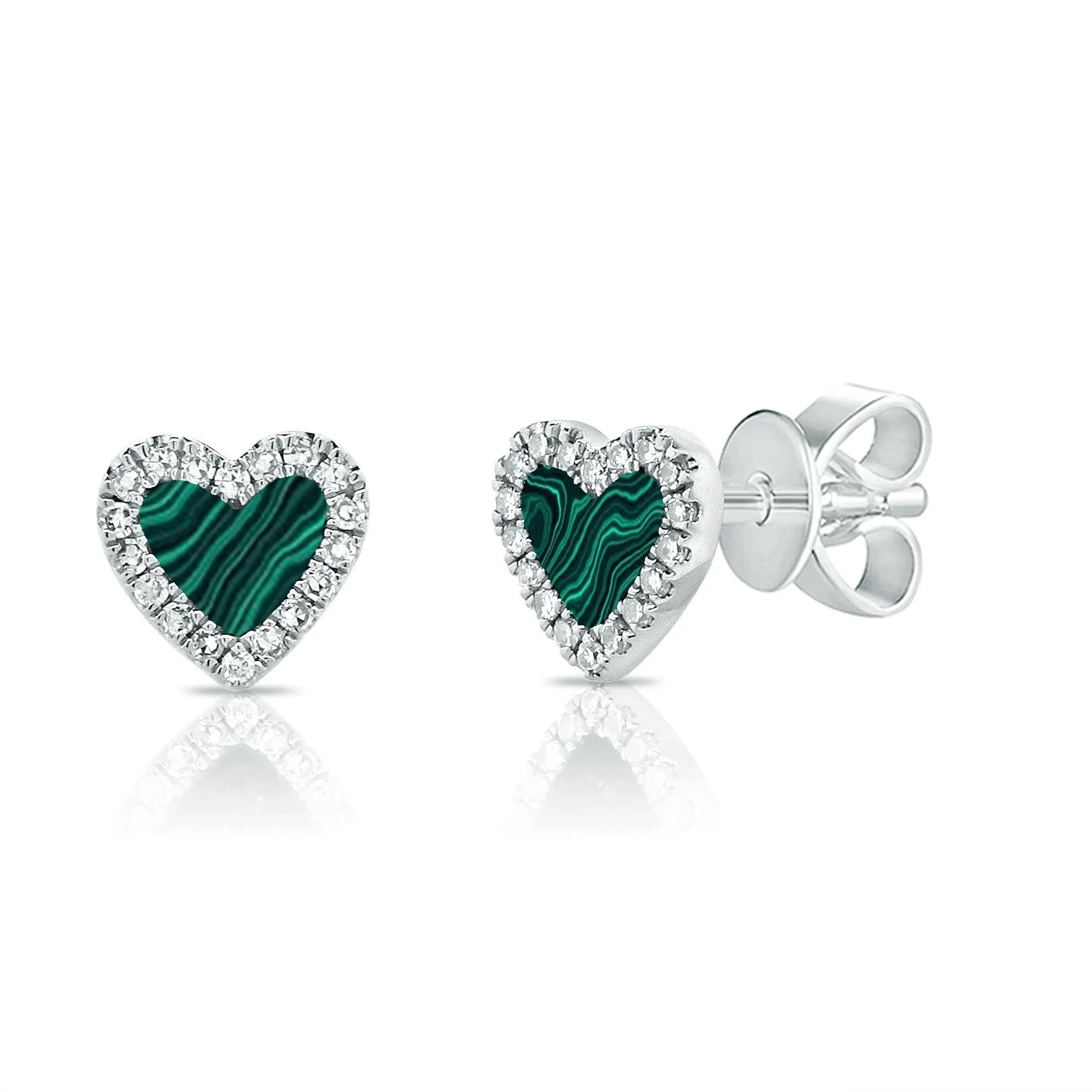 14k Gold Diamond & Malachite Heart Stud Earrings