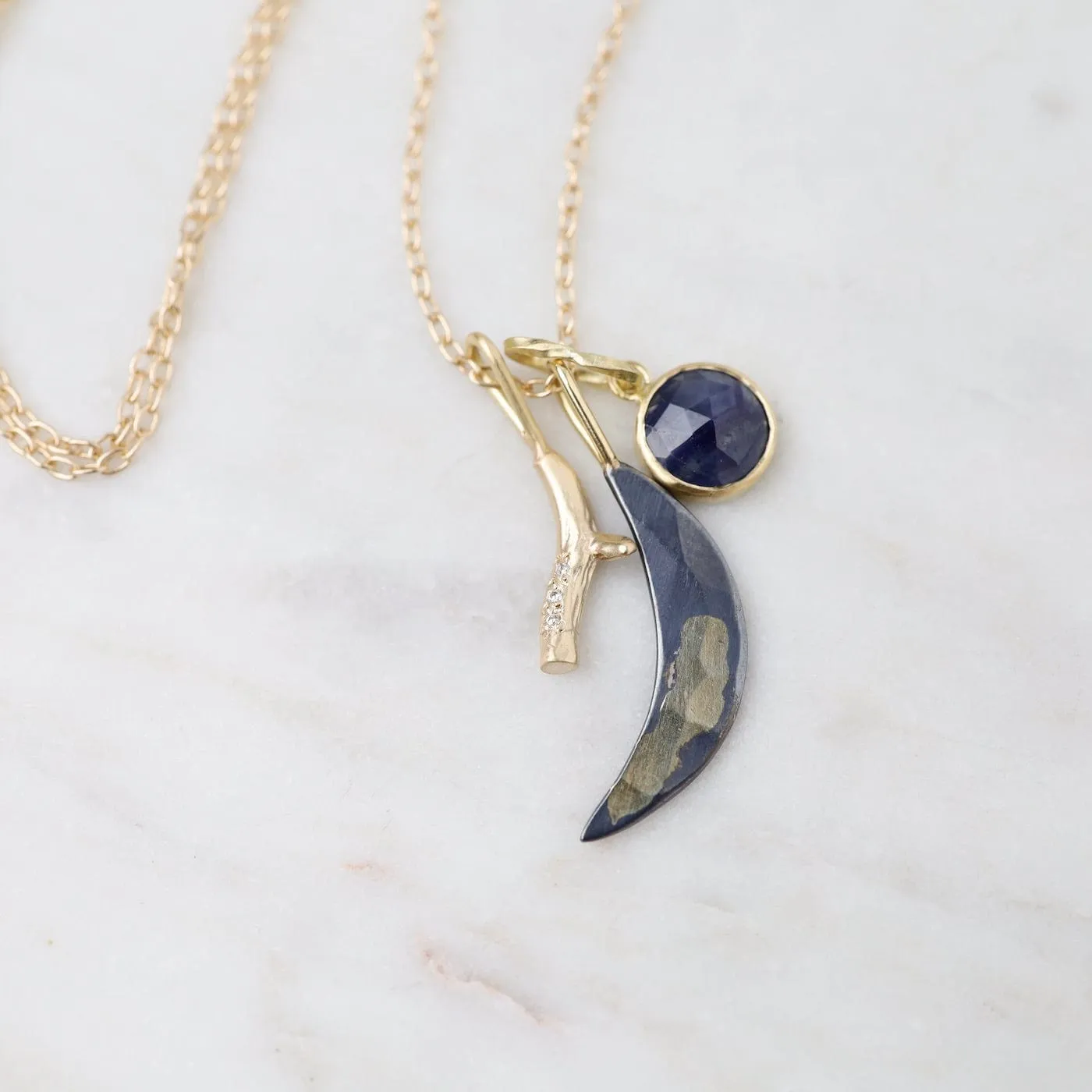 14k Pavé Branch, Gilded Crescent Moon, & Sapphire Cluster Necklace