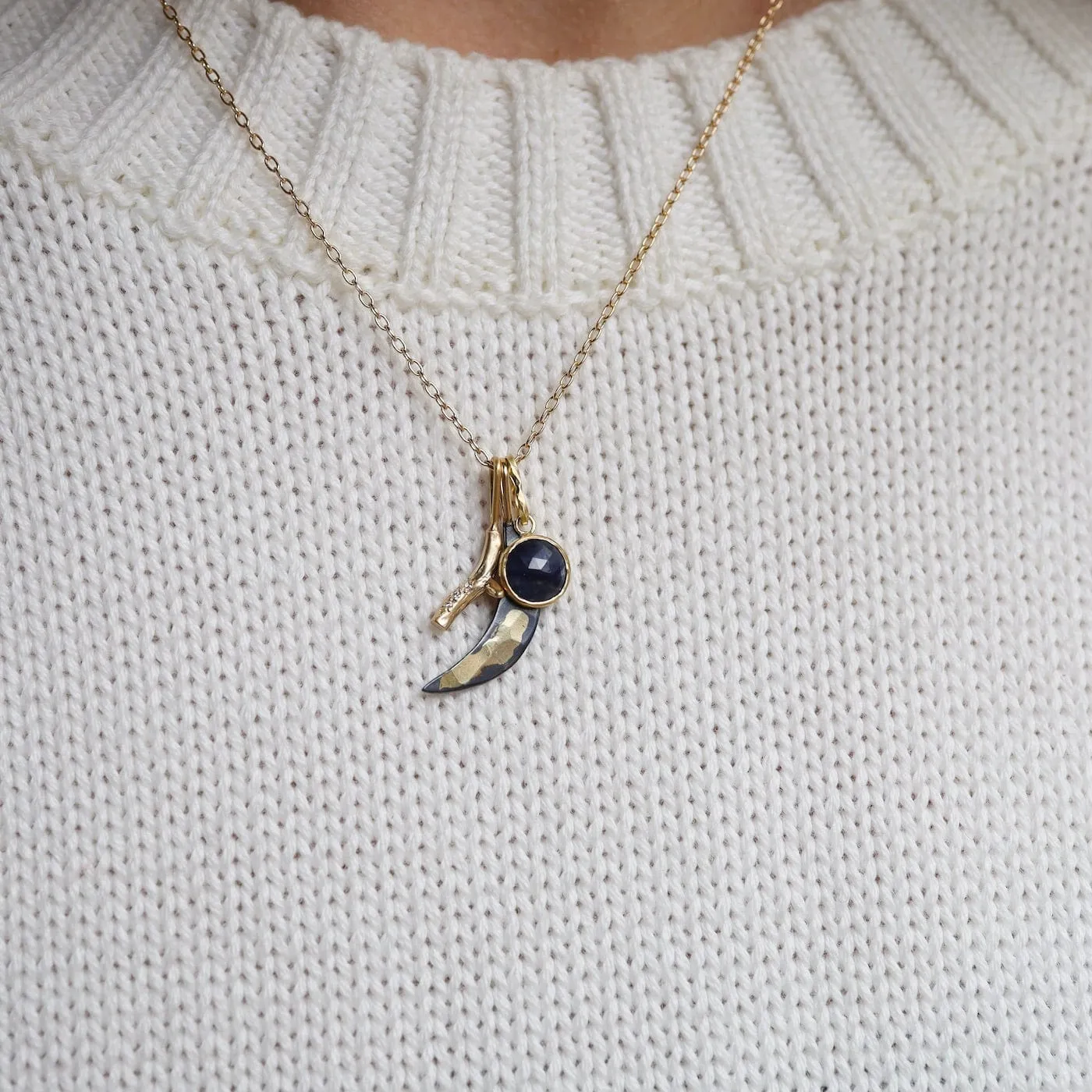 14k Pavé Branch, Gilded Crescent Moon, & Sapphire Cluster Necklace