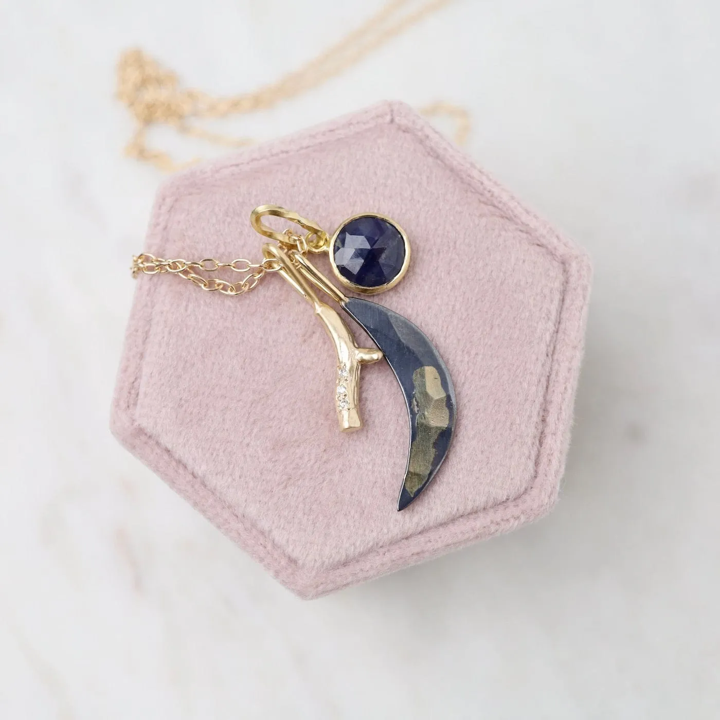 14k Pavé Branch, Gilded Crescent Moon, & Sapphire Cluster Necklace