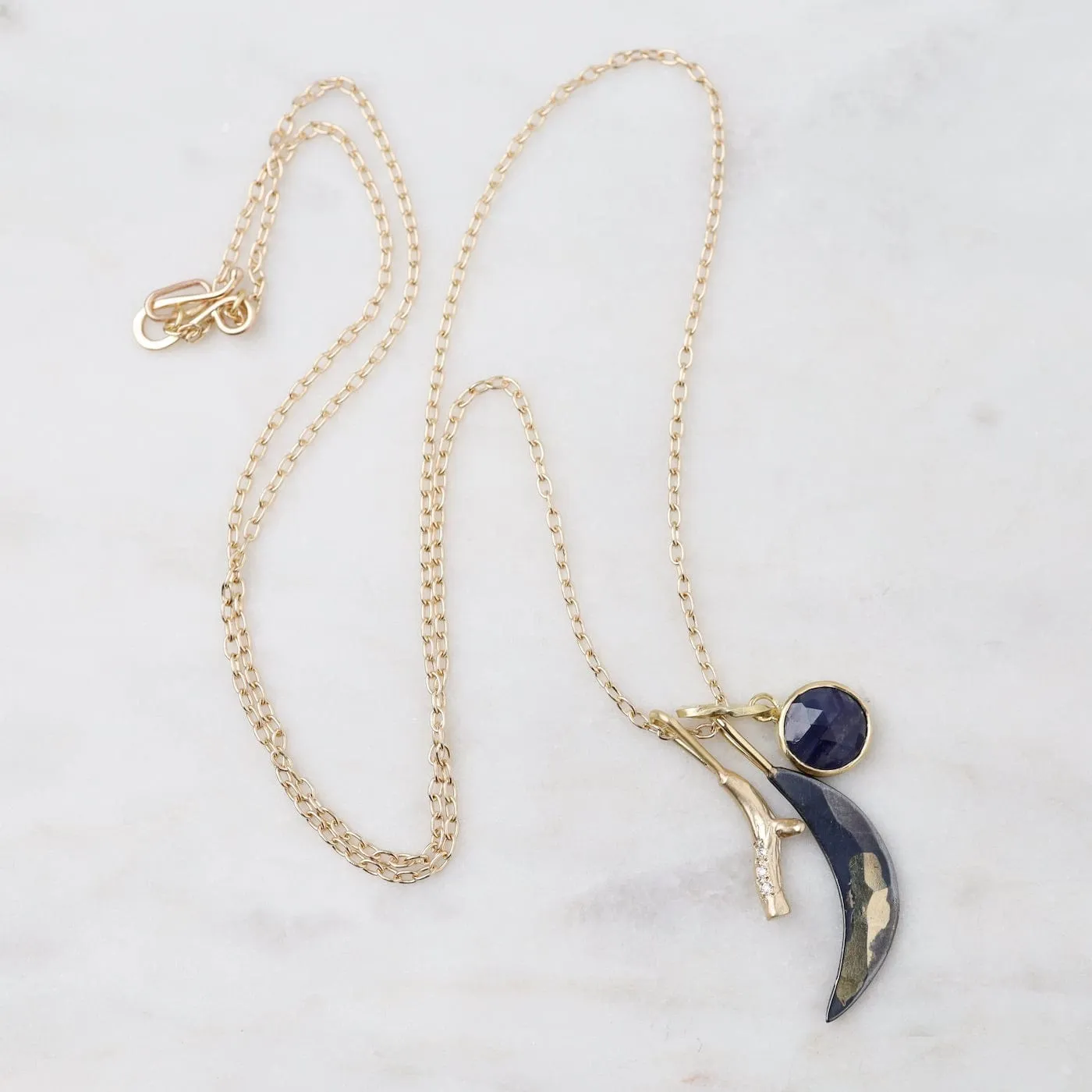 14k Pavé Branch, Gilded Crescent Moon, & Sapphire Cluster Necklace