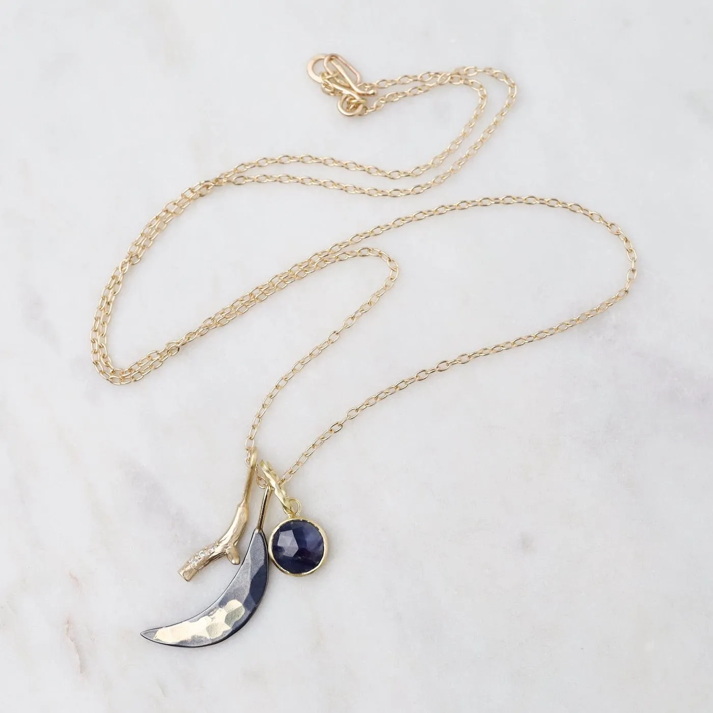 14k Pavé Branch, Gilded Crescent Moon, & Sapphire Cluster Necklace