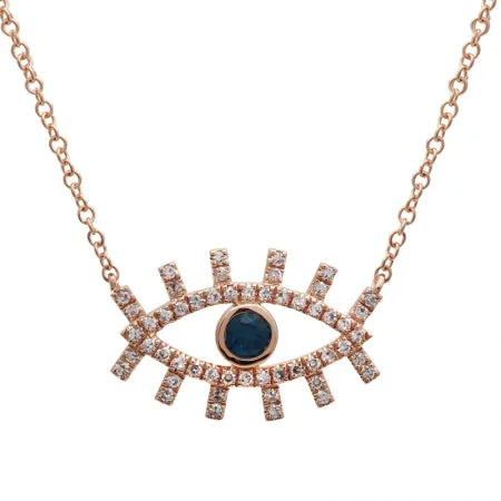 14K Rose Gold Diamond   Sapphire Evil Eye Eyelash Necklace