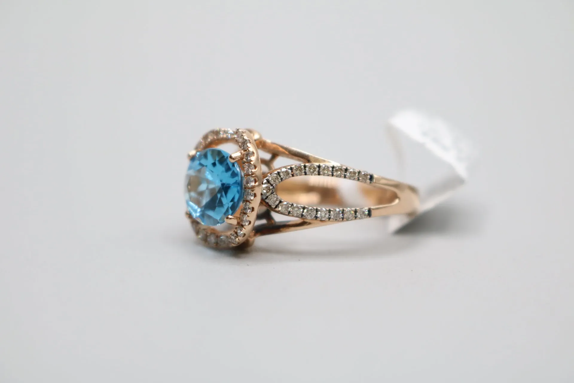 14K Rose Gold Le Vian Natural Blue Topaz and Diamond Split Shank Ring (Size 7)