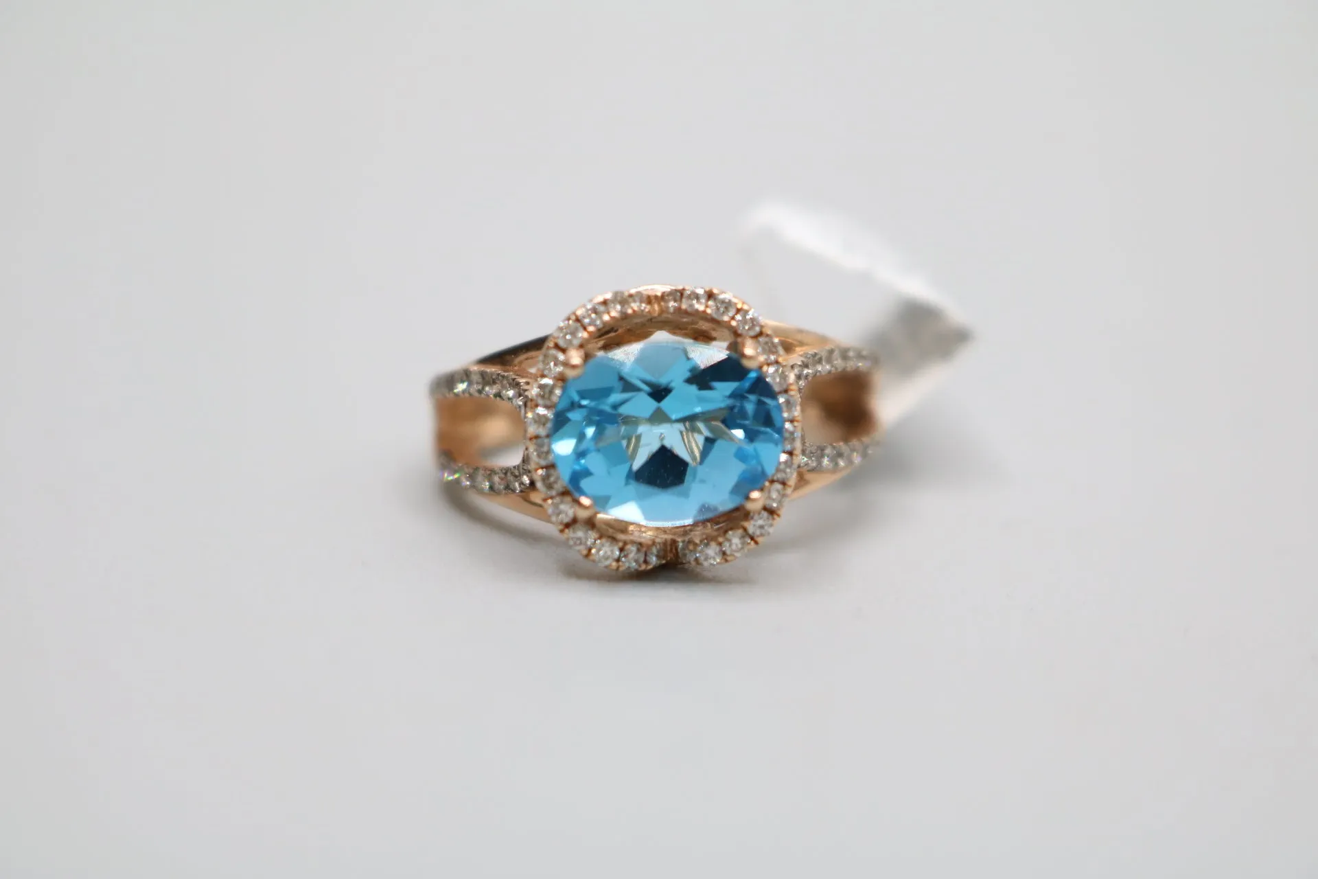 14K Rose Gold Le Vian Natural Blue Topaz and Diamond Split Shank Ring (Size 7)