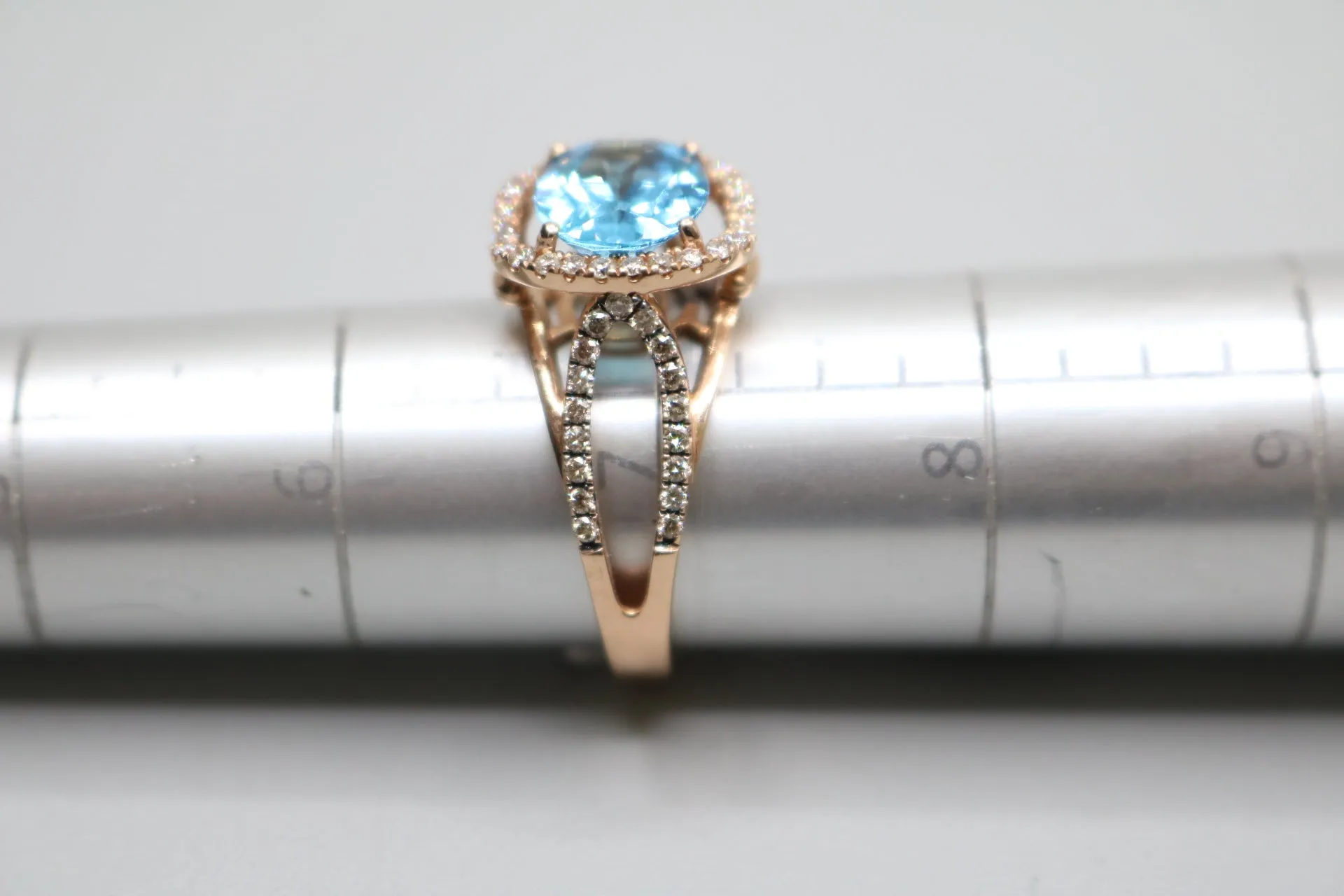 14K Rose Gold Le Vian Natural Blue Topaz and Diamond Split Shank Ring (Size 7)