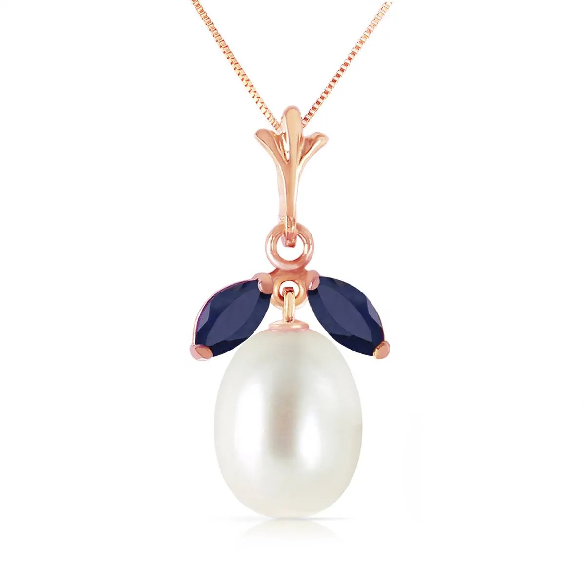 14K Solid Rose Gold Necklace w/ Natural Pearl & Sapphires