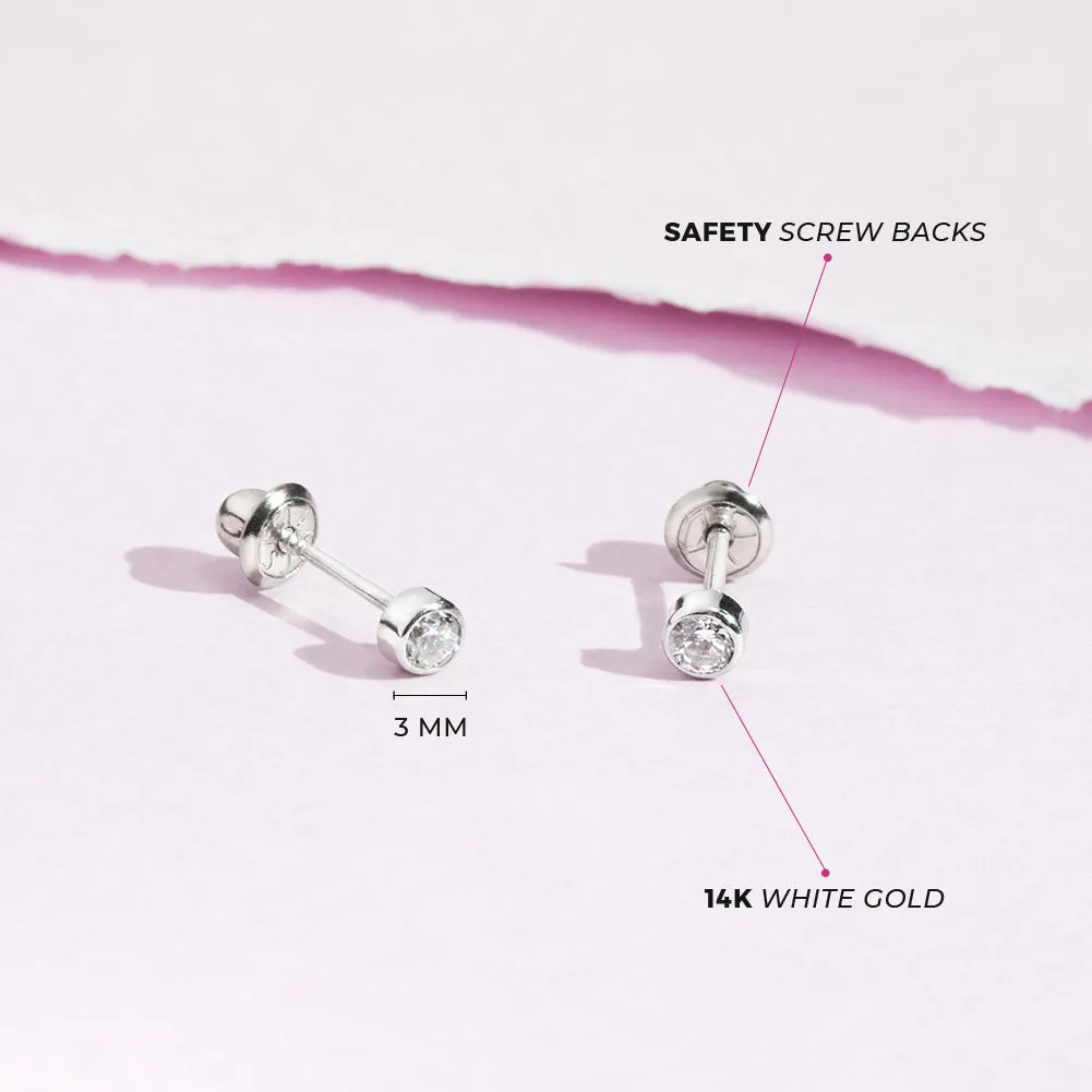 14k White Gold Bezel Set Cubic Zirconia 3mm Baby / Toddler / Kids Earrings Safety Screw Back