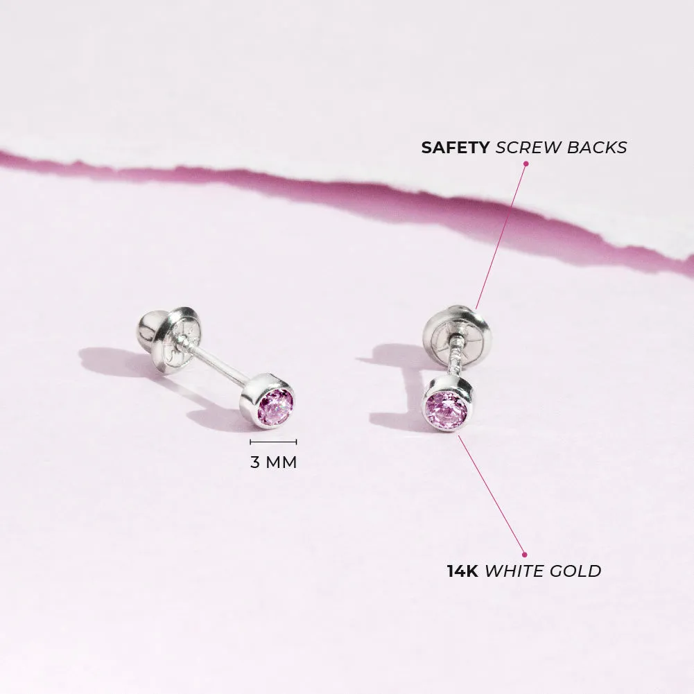 14k White Gold Bezel Set Cubic Zirconia 3mm Baby / Toddler / Kids Earrings Safety Screw Back