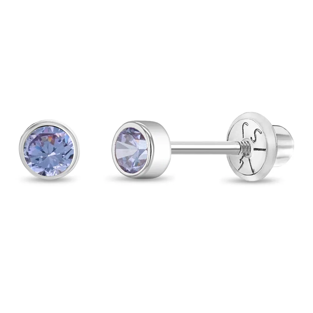 14k White Gold Bezel Set Cubic Zirconia 3mm Baby / Toddler / Kids Earrings Safety Screw Back