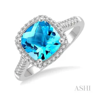 1/5 ctw Cushion Shape Mount Round Cut Diamond Semi-Precious Ring With 8x8MM Cushion Cut Blue Topaz Center Stone in 10K White Gold