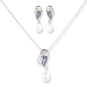 18ct White Gold Diamond , Blue Sapphire & Cultured Pearl Drop Set MCS6059/60