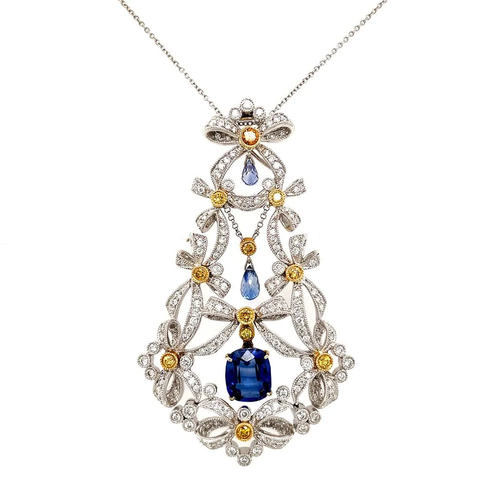 18K Gold Diamond Sapphire Chandelier Bow Pendant Necklace