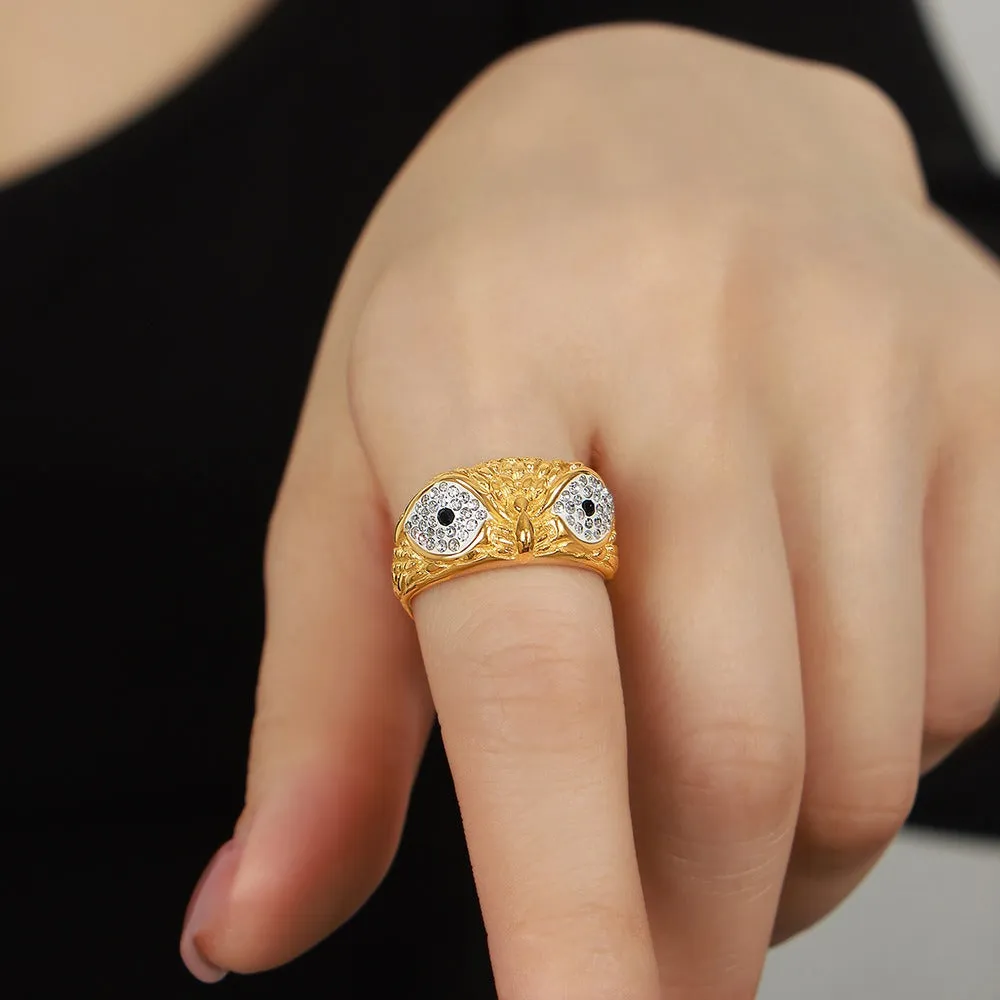 18K gold exaggerated personalized owl inlaid with zircon design simple style ring