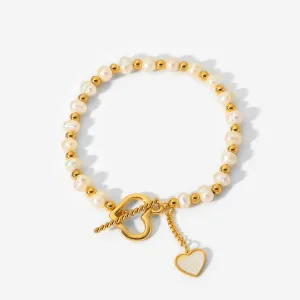 18K Gold Pearl Heart OT Buckle Bracelet