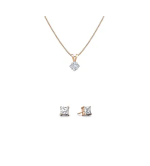 18K Rose Gold 1/2ct White Sapphire Square 18 Inch Necklace and Earrings Set Plated