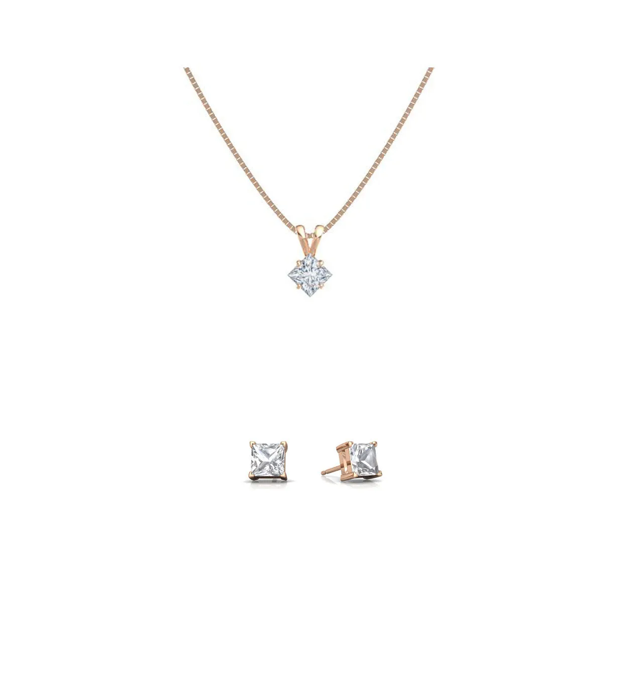 18K Rose Gold 1/2ct White Sapphire Square 18 Inch Necklace and Earrings Set Plated