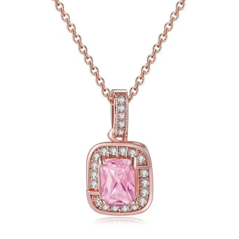 18K Rose Gold Created Pink Sapphire Princess Halo Pendant Necklace, Earrings and Tennis Bracelet Jewelry Set Plated