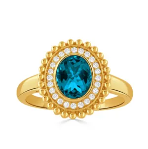 18k Yellow Gold 'Justinian' London Blue Topaz & Diamond Oval Beaded Edge Ring (I8999)