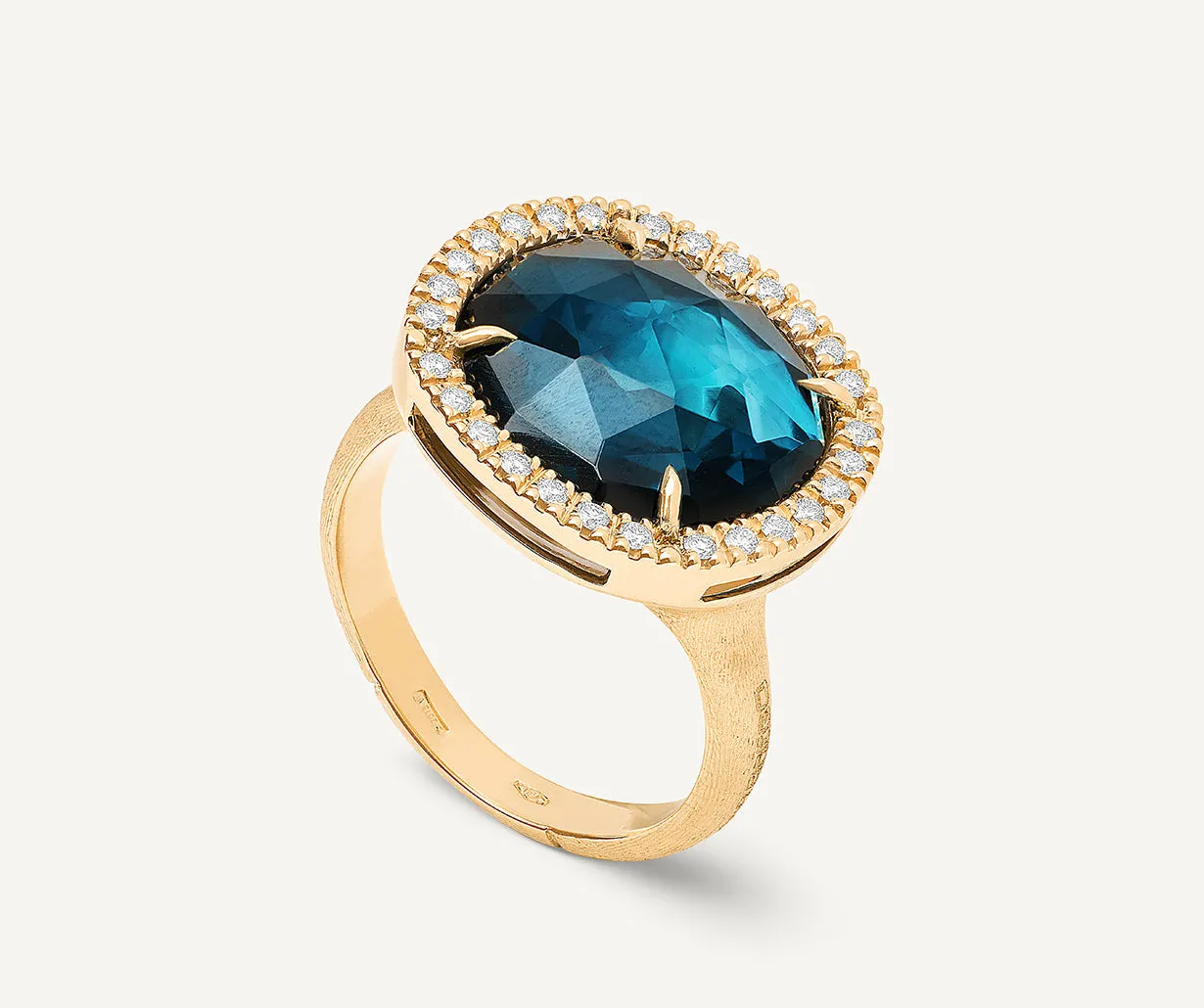 18K Yellow Gold London Blue Topaz Cocktail Ring With Diamonds