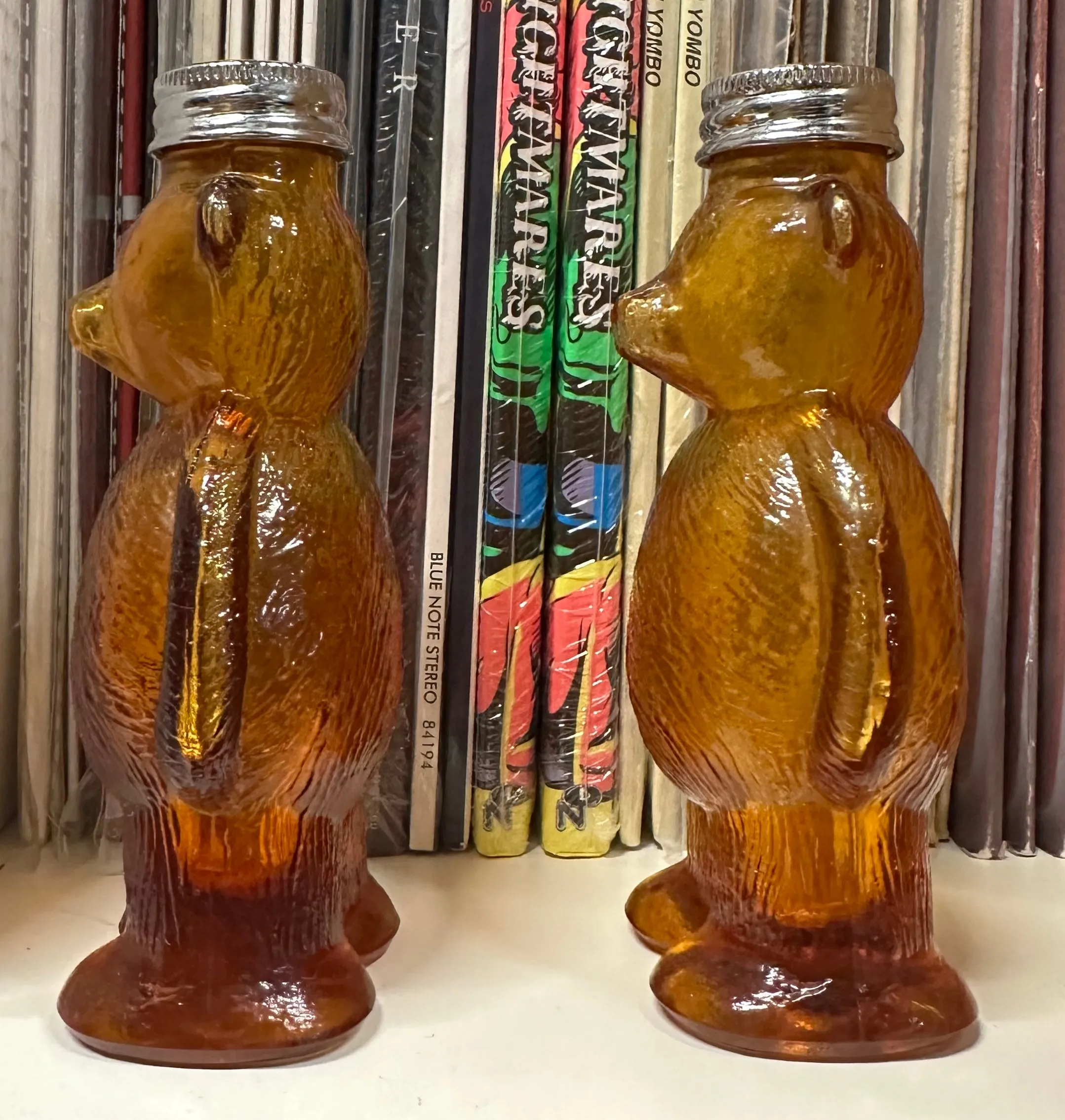 1950's-1960's Vintage Teddy Bear Amber Glass Salt Pepper Shakers Honey Golden Brown