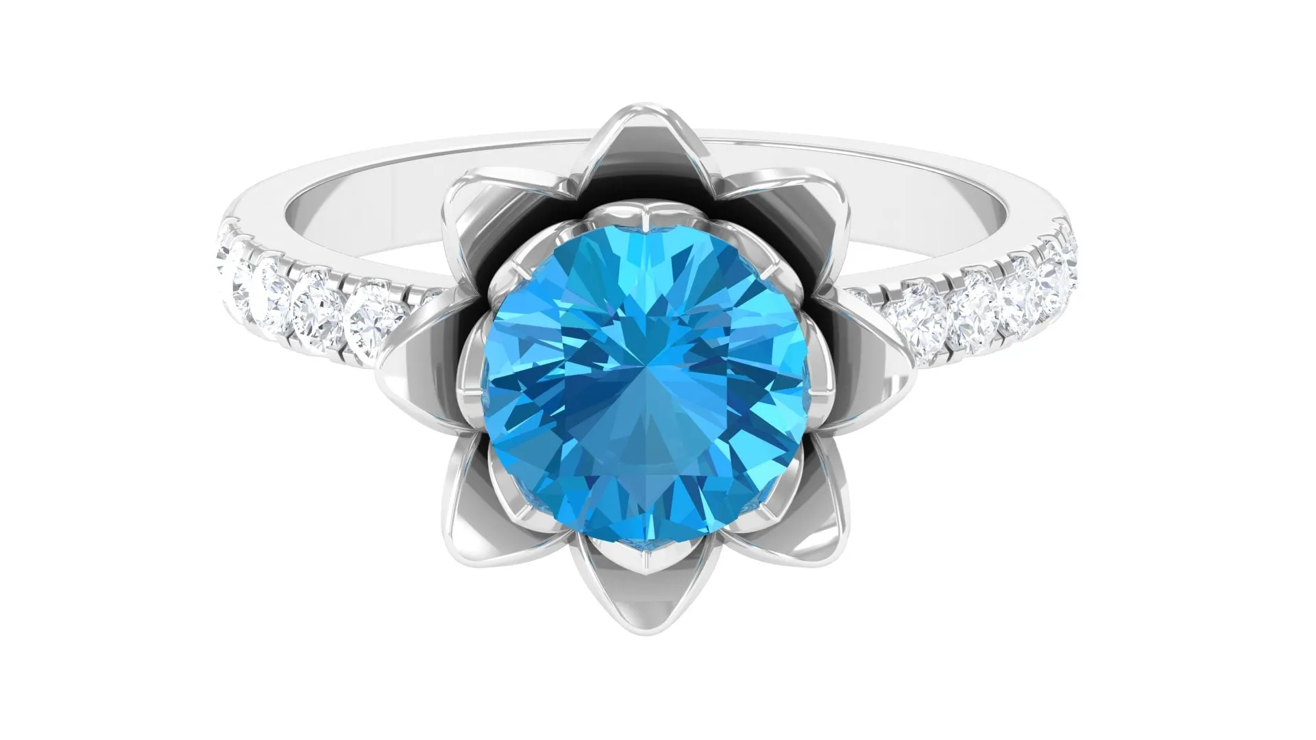 2.75 CT Swiss Blue Topaz Floral Ring with Moissanite Accent