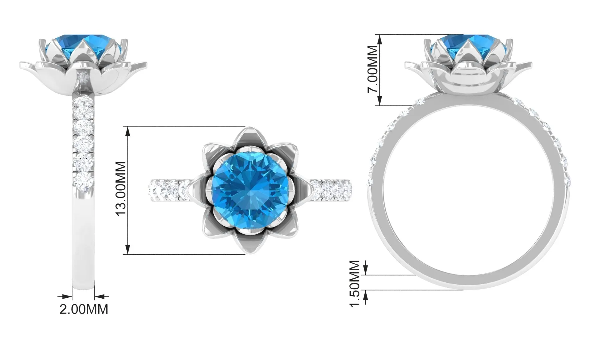 2.75 CT Swiss Blue Topaz Floral Ring with Moissanite Accent