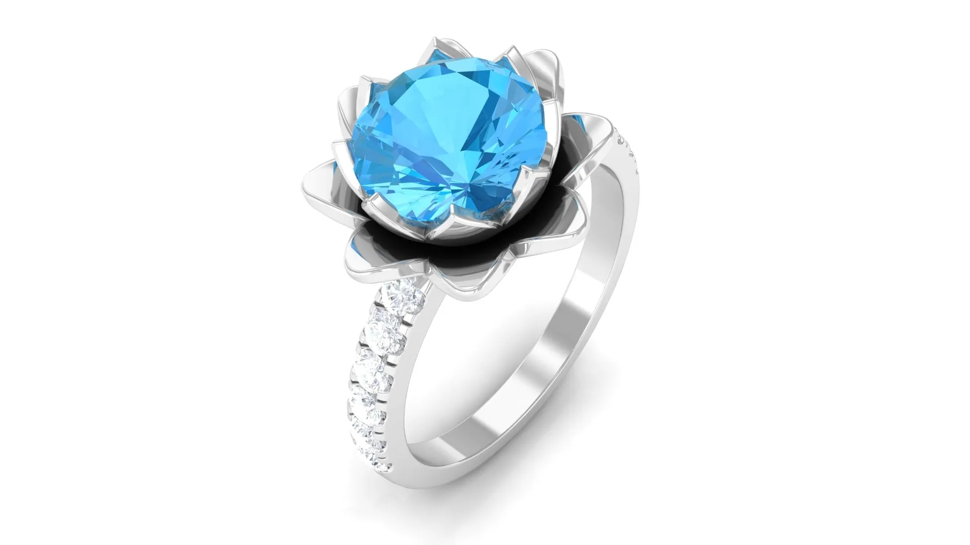 2.75 CT Swiss Blue Topaz Floral Ring with Moissanite Accent