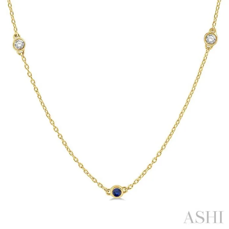 3/8 ctw Round Cut Diamond and 2.6MM Sapphire Precious Station Necklace in 14K Yellow Gold