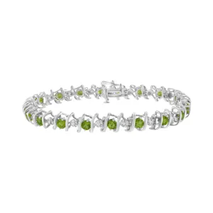 .925 Sterling Silver Lab-Grown Birthstone and 1/6 Cttw Round Diamond Tennis Bracelet