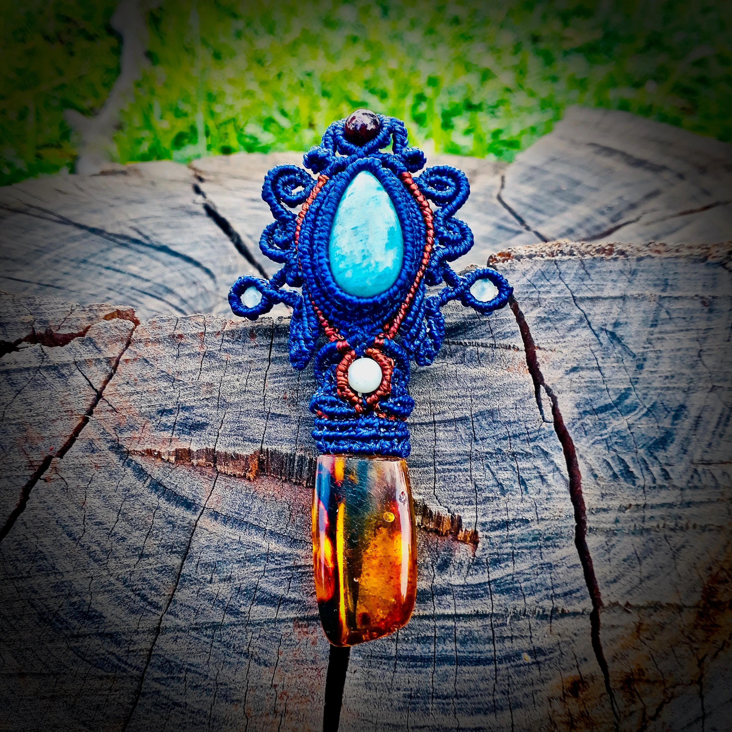 Amazonite and amber pendant (unique design)