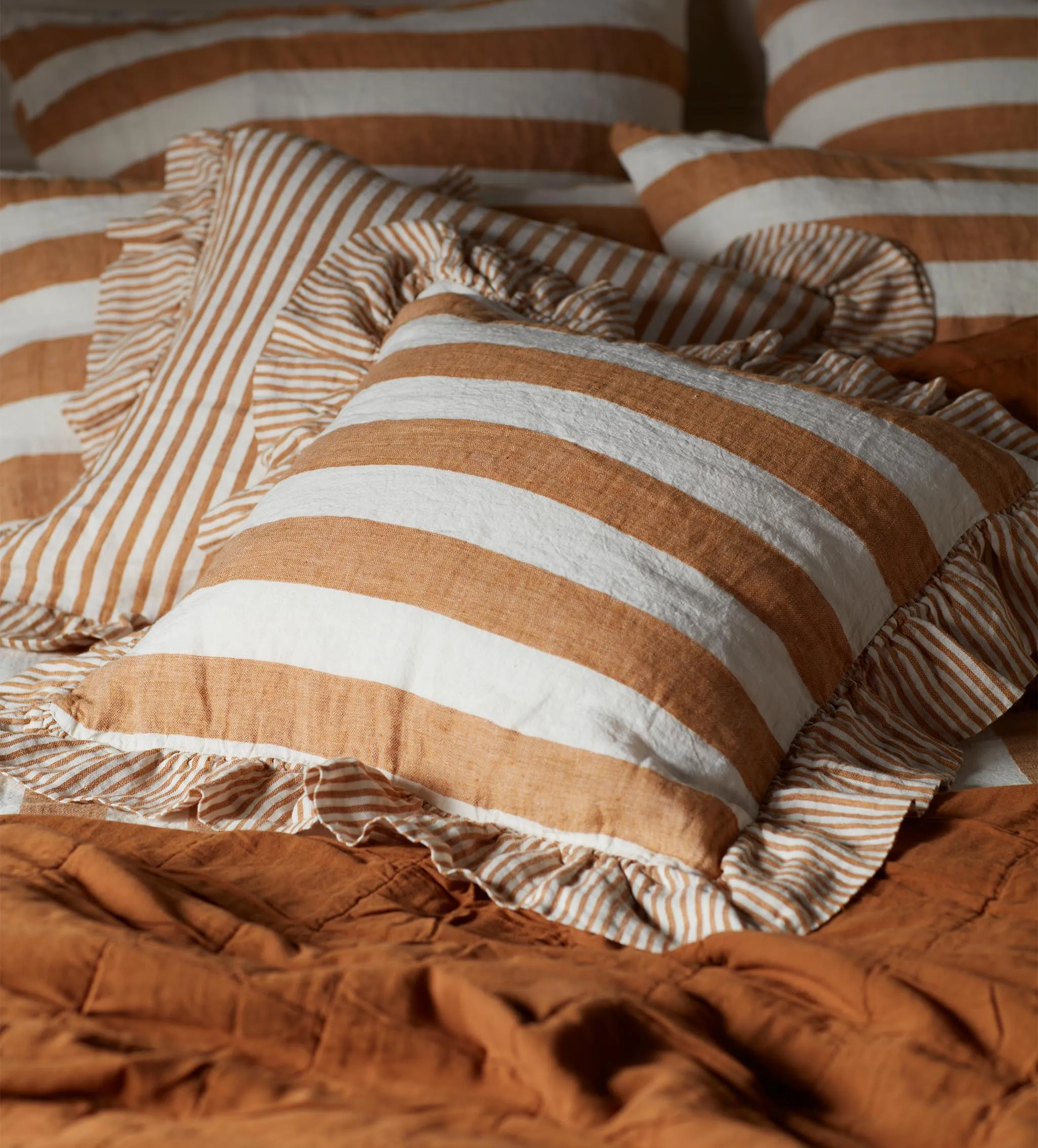 Amber Cora Wide Stripe 100% Linen Frill Edge Cushion Cover