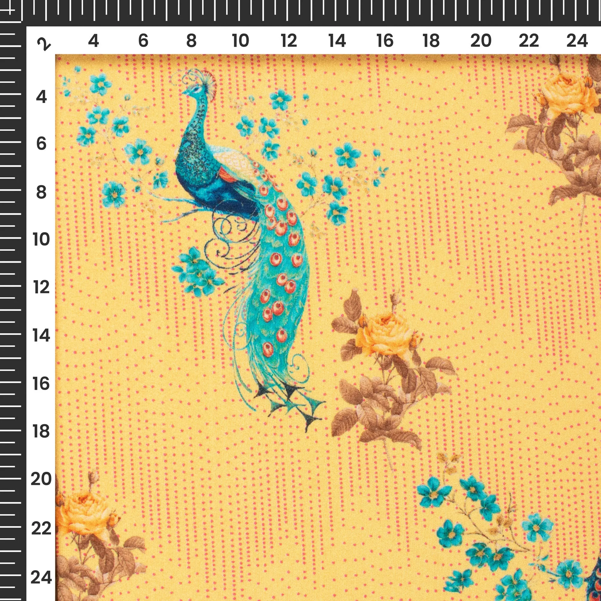 Amber Yellow Peacock Pattern Digital Print Crepe Silk Fabric