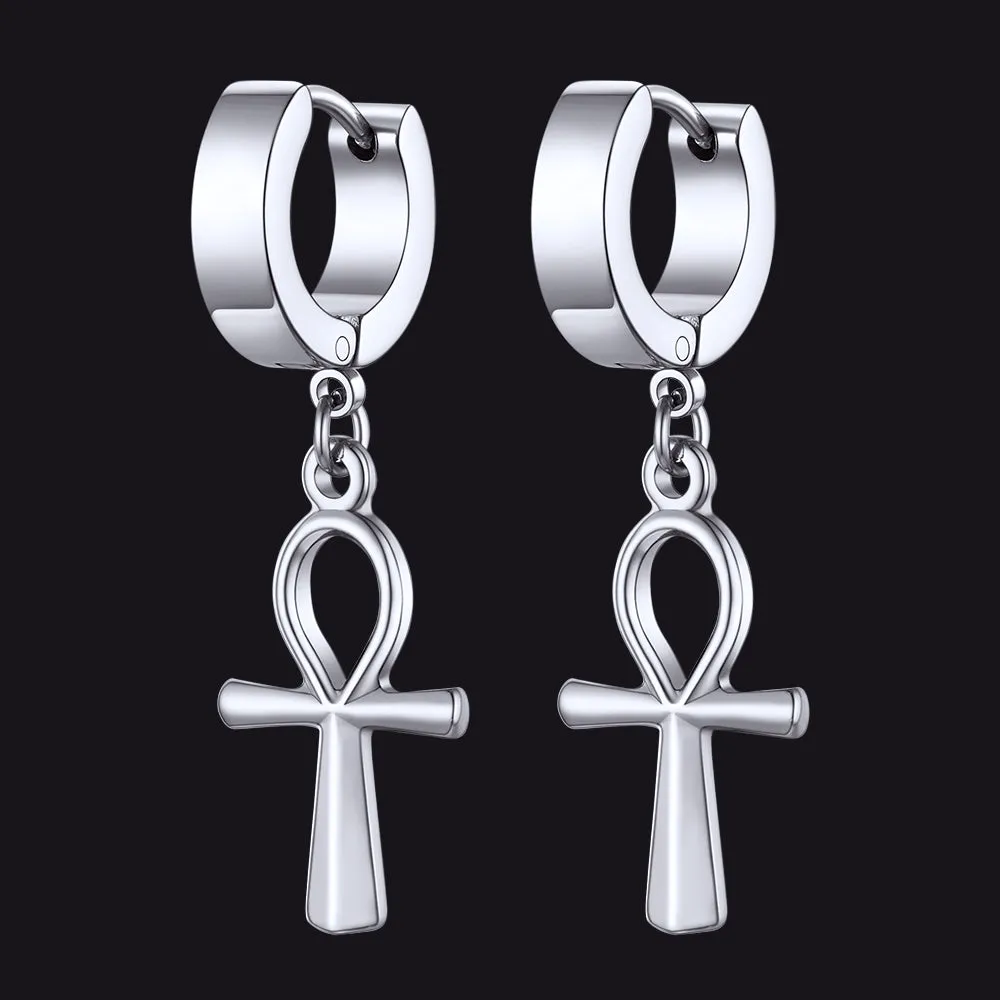 Ankh Cross Dangle Hoop Earrings for Men