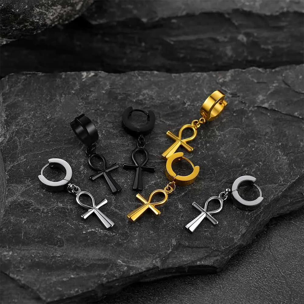 Ankh Cross Dangle Hoop Earrings for Men