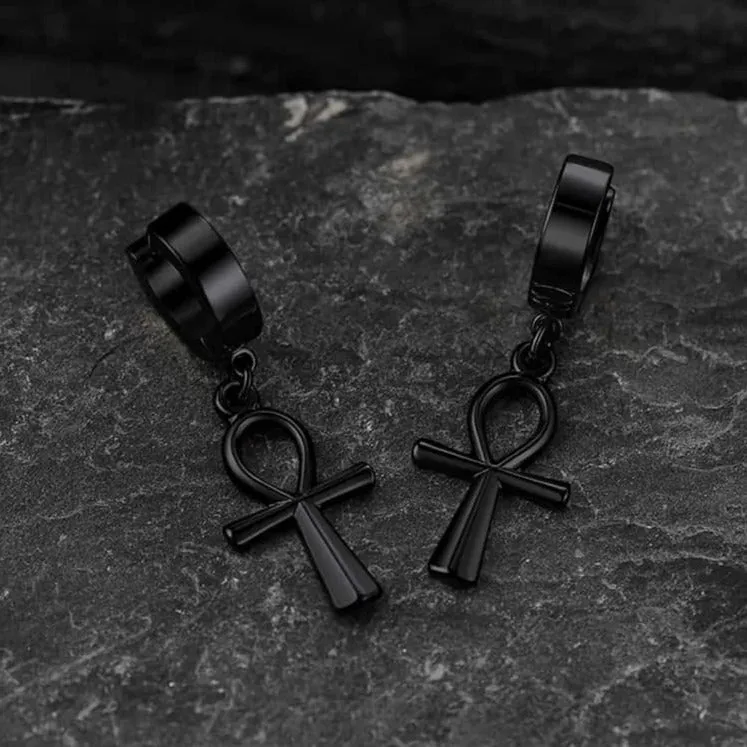 Ankh Cross Dangle Hoop Earrings for Men