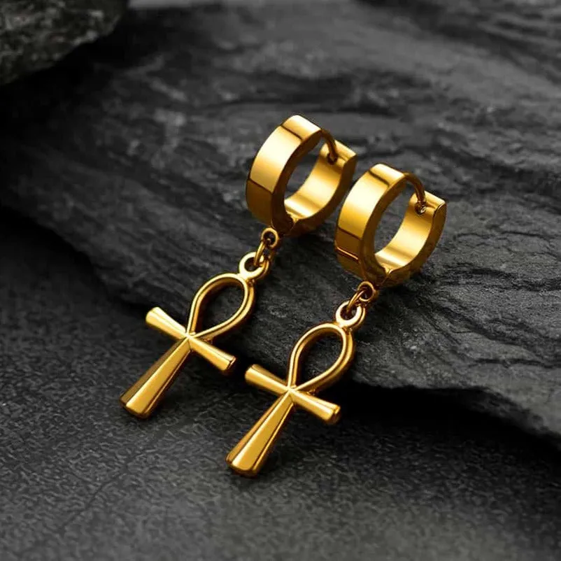 Ankh Cross Dangle Hoop Earrings for Men