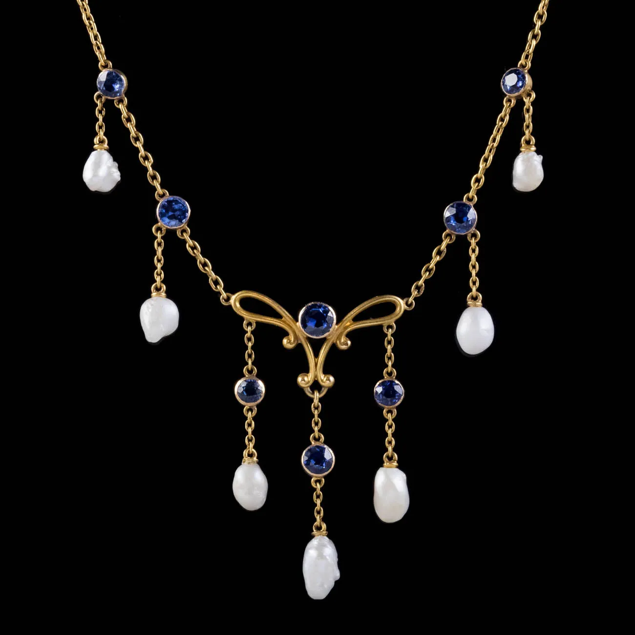 Antique Edwardian Sapphire Natural Pearl Lavaliere Necklace 15Ct Gold Circa 1915