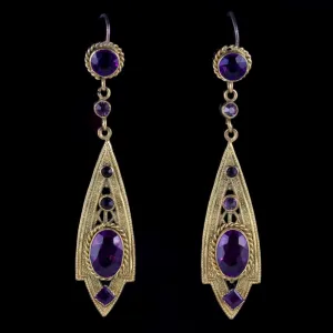 Antique Victorian Drop Earrings Purple Paste Gold Gilt Circa 1900