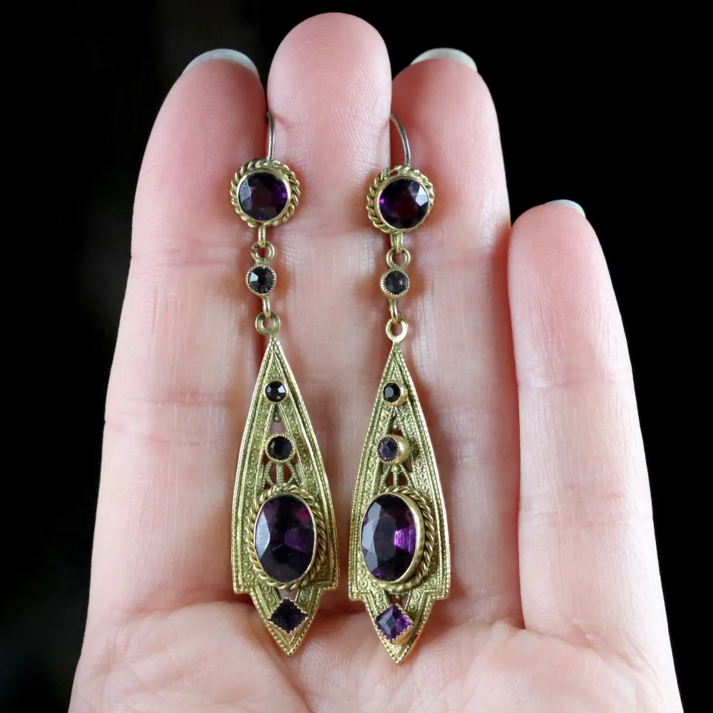 Antique Victorian Drop Earrings Purple Paste Gold Gilt Circa 1900