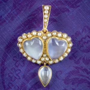 Antique Victorian Moonstone Pearl Heart Pendant 18ct Gold