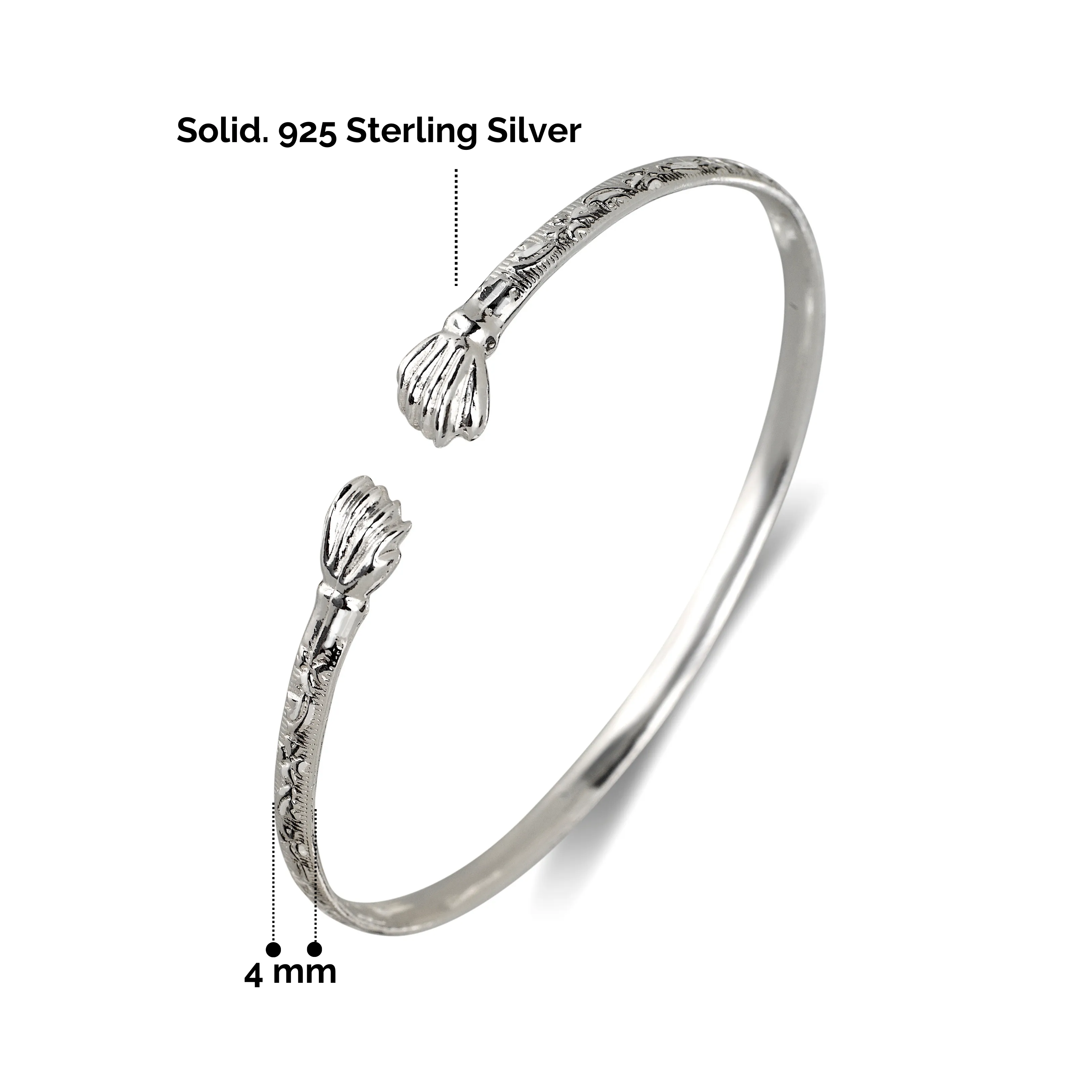 Better Jewelry Flat Fist Ends .925 Sterling Silver West Indian Bangles, 1 pair