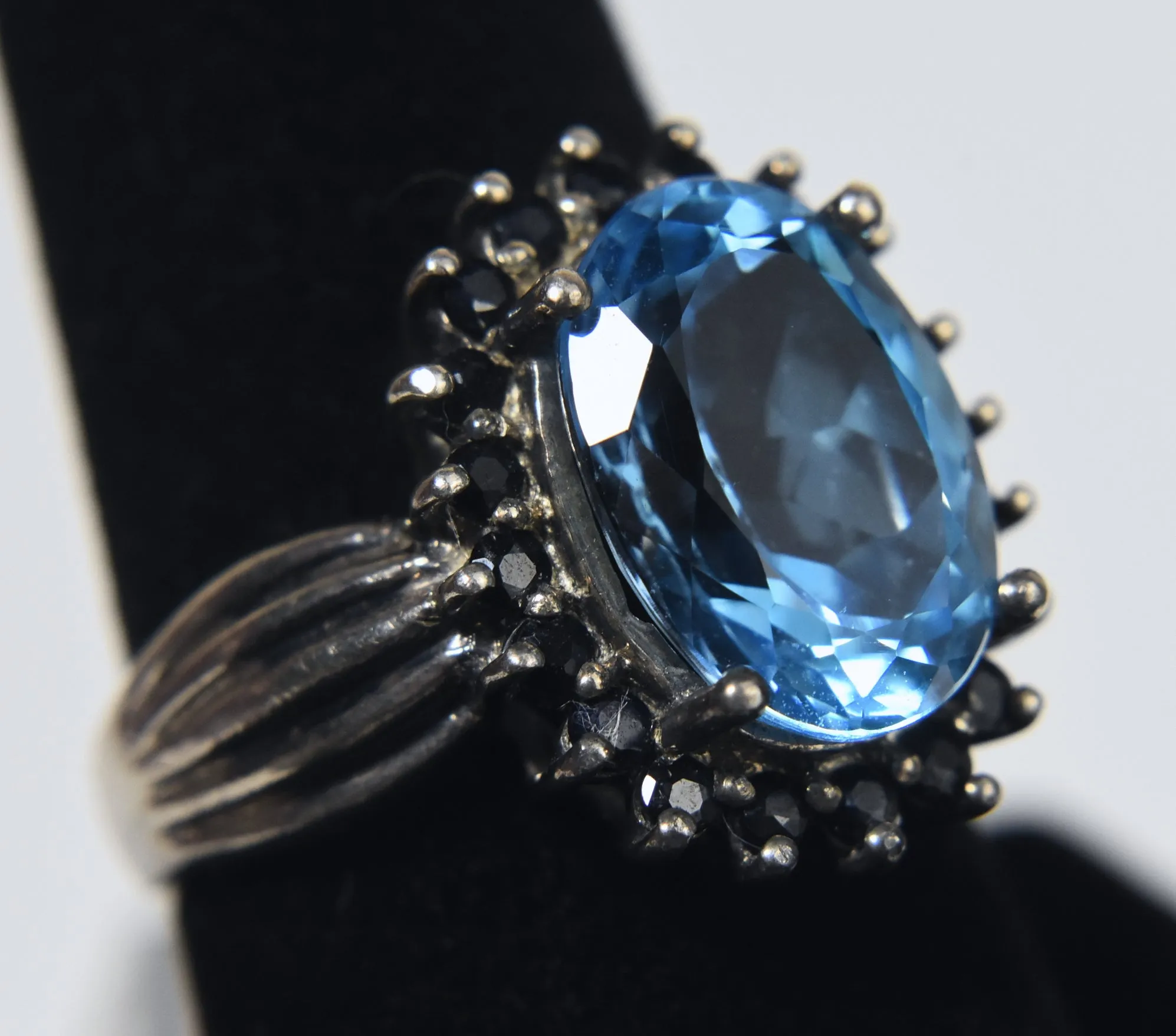 Blue Topaz and Dark Blue Sapphire Sterling Silver Ring - Size 7.75