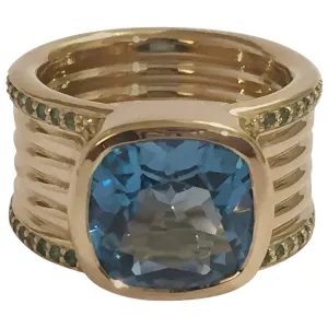 Blue Topaz Green Garnet Gold Cigar Band Ring